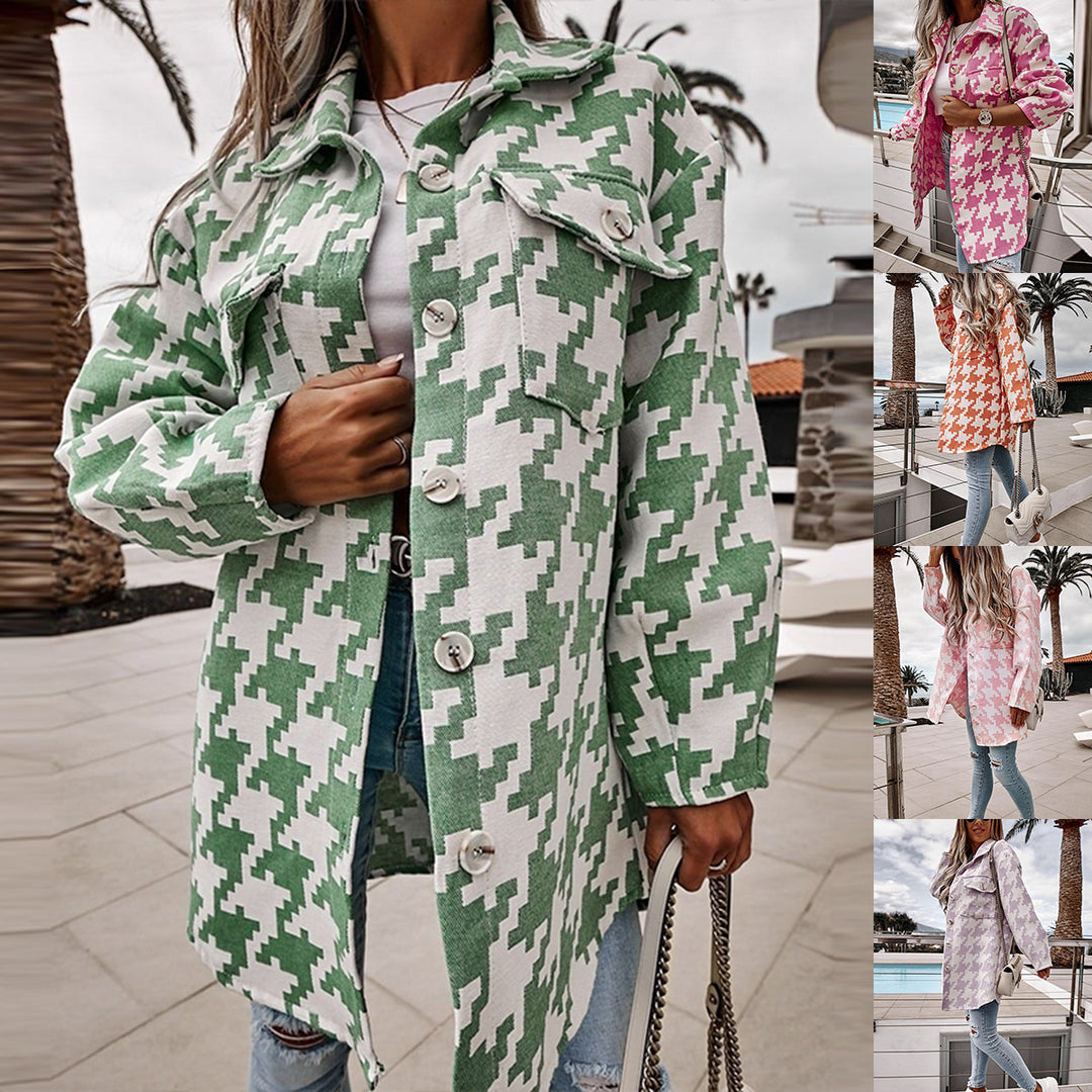 Damen Oversized Jacke im modernen Hahnentrittmuster mit praktischen Taschen Drune