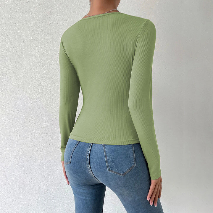 Damen geripptes Langarm-Top mit Keyhole-Detail, zierlichen Zierknöpfen und sculptender Stretch-Passform Drune