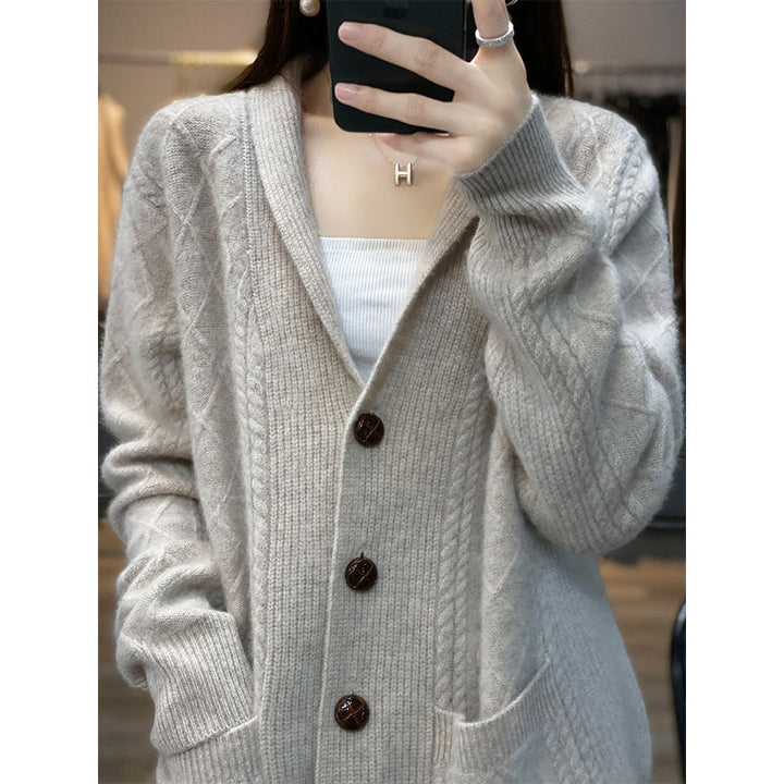 Damen Strickjacke mit Kapuze und großen Knöpfen Drune