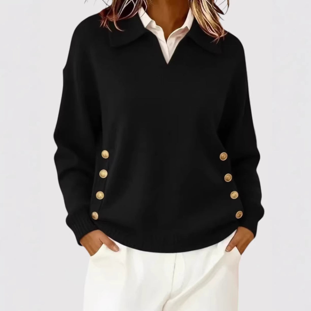 Damen Modischer Strickpullover mit Kragen und Knopfdetails