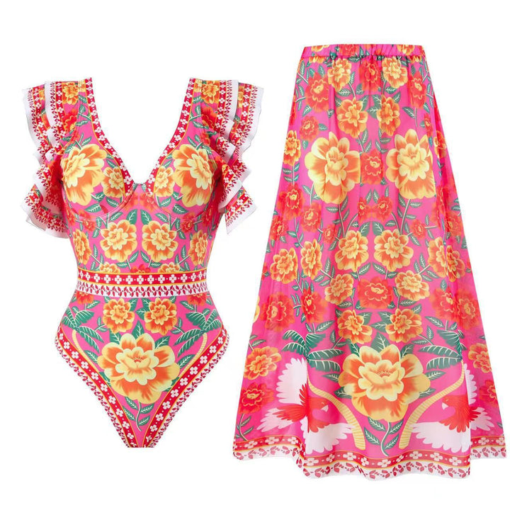 Damen Badeanzug mit modischen Rüschendetails und floralem Wickelrock Drune