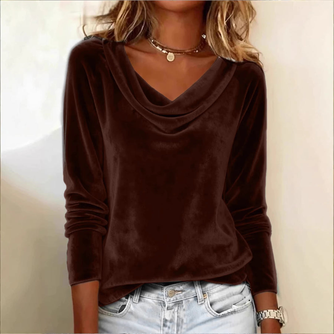 Damen Samt-Longsleeve mit Wasserfallkragen und legerem Schnitt Drune