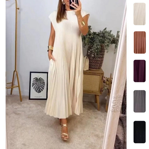 Damen Elegantes plissiertes Maxikleid mit praktischen Taschen Drune