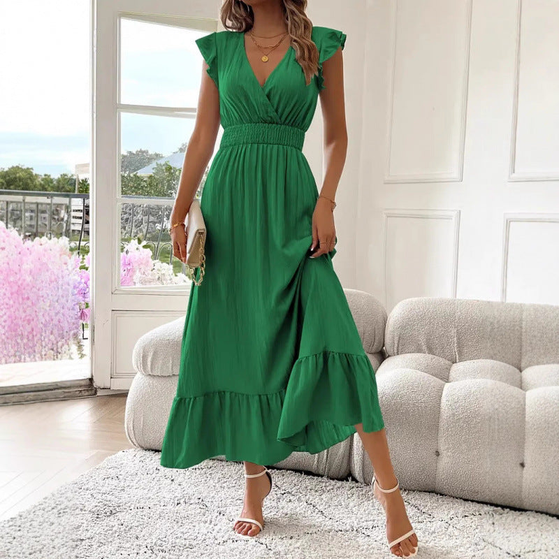 Damen Maxikleid mit voluminösen Rüschenärmel und elegantem Bund Drune