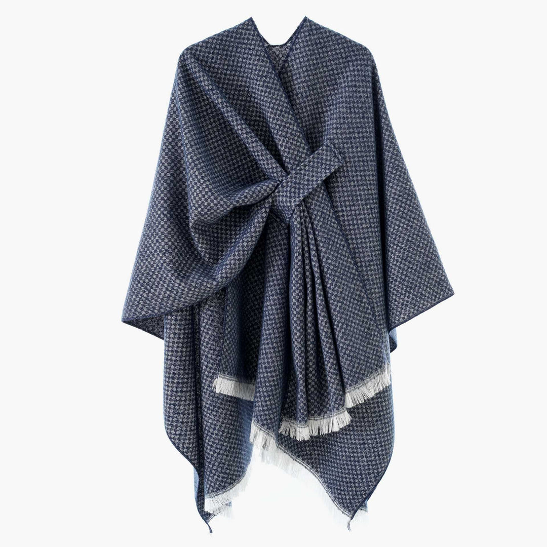 Damen Umlegbarer Wollmix-Poncho mit Hahnentritt-Jacquard und Bindegürtel Drune