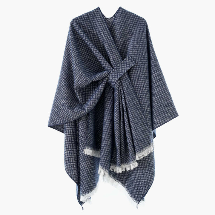 Damen Umlegbarer Wollmix-Poncho mit Hahnentritt-Jacquard und Bindegürtel Drune