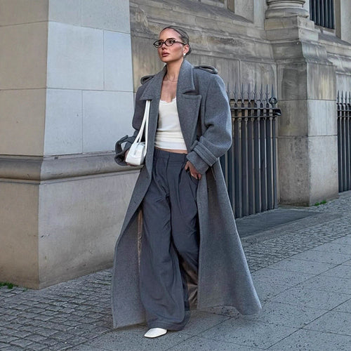Damen Oversized Wollmantel mit dekorativen Knopfdetails Drune