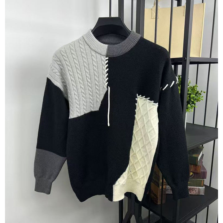 Unisex Patchwork-Oversize-Strickpullover mit Zopf- und Rautenmuster, dekorativen Kontrastnähten und Rundhalsausschnitt Drune