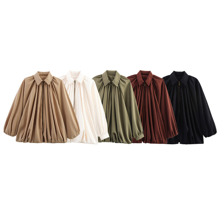 Damen nan oversize geraffte Bluse mit Ballonärmeln und Frontreißverschluss Drune