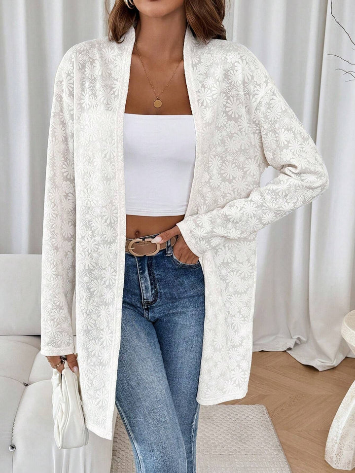 Damen nan fein bestickter Langcardigan aus semi-transparenter Spitze mit floralem Strukturrelief Drune