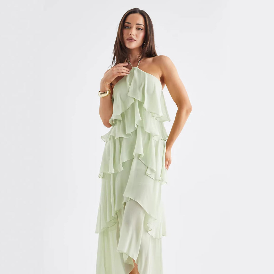Damen Elegantes Maxikleid mit schwingenden Rüschendetails Drune