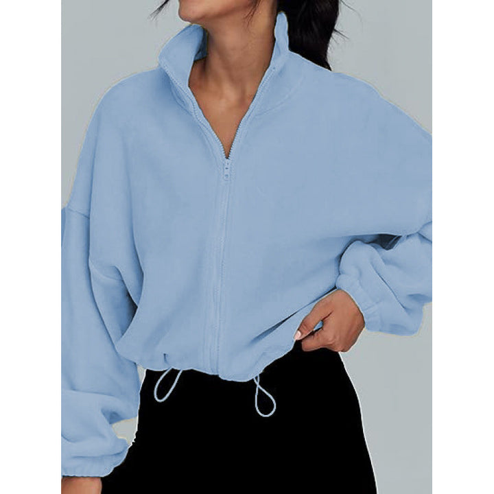 Damen trendy Oversize-Zip-Pullover mit hohem Kragen und Kordelzug Drune