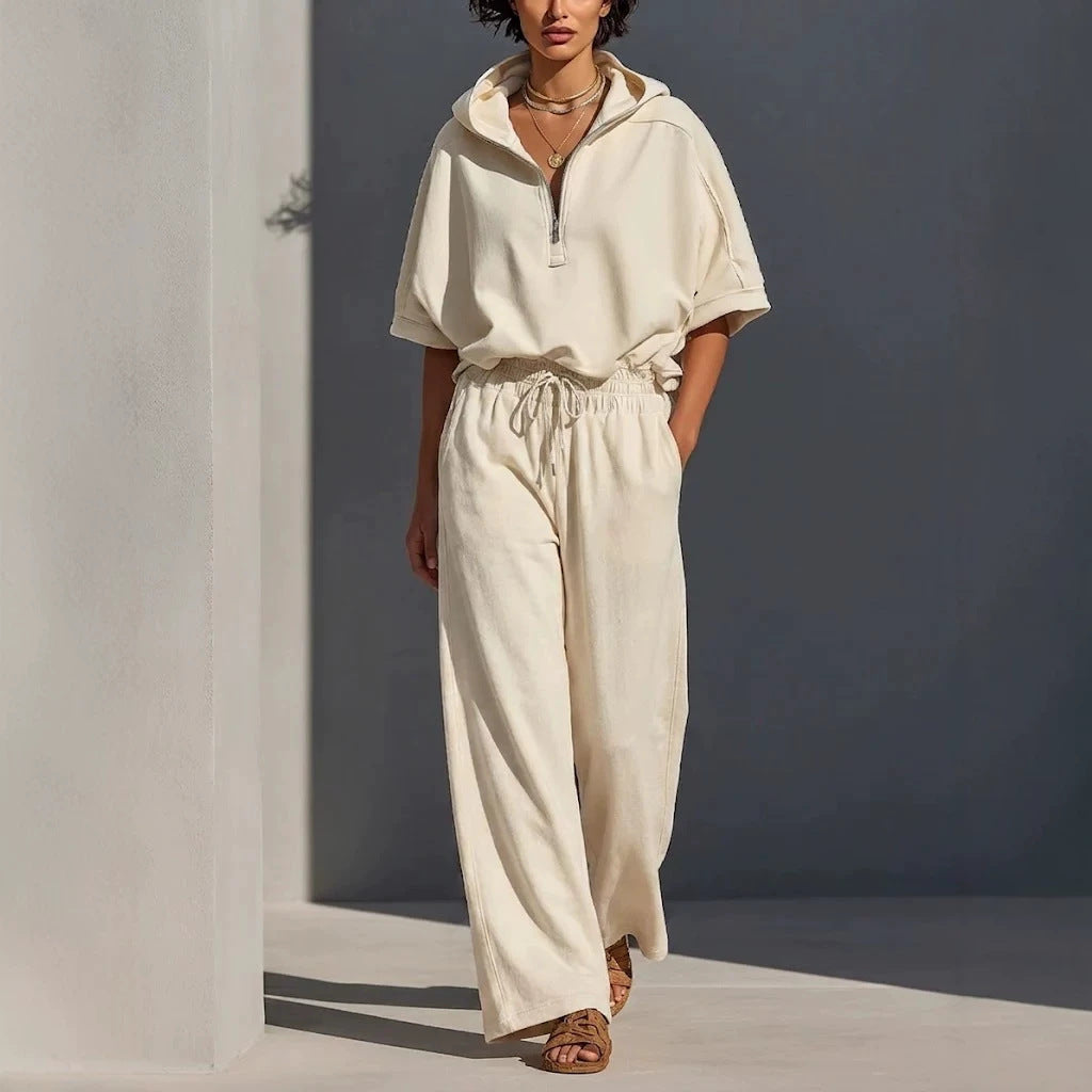Damen Lässiges Lounge-Set mit Kapuzenpullover mit halbem Reißverschluss und weiter Palazzohose Drune