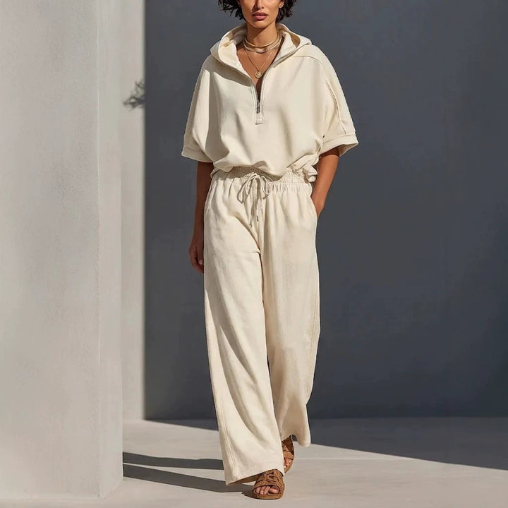 Damen Lässiges Lounge-Set mit Kapuzenpullover mit halbem Reißverschluss und weiter Palazzohose Drune