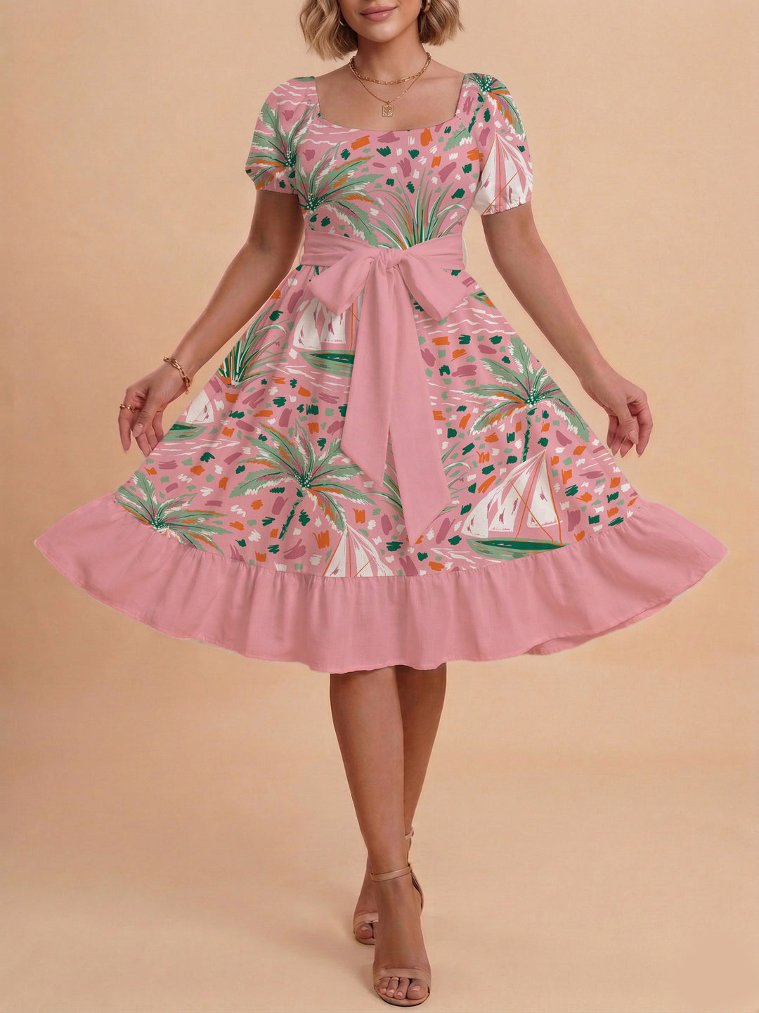 Damen Sommerliches Blumenkleid mit taillierbarem Gürtel und voluminösen Ärmeln Drune