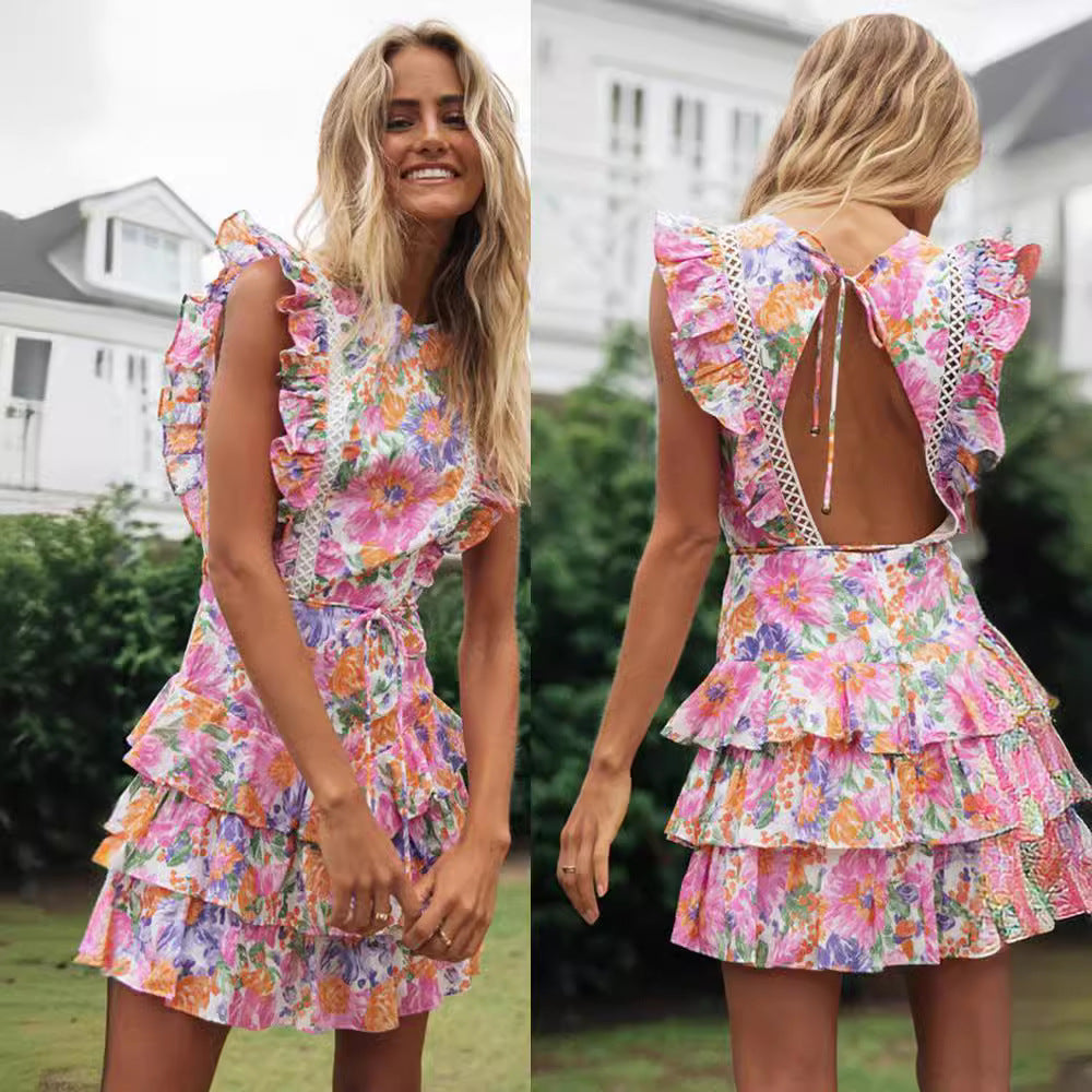 Damen Rüschensommerkleid mit floralen Mustern und schickem Taillengürtel Drune