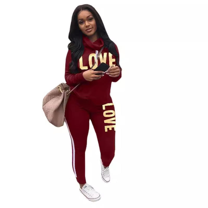 Damen nan sportives Kapuzen-Sweatshirt-Set mit Goldprint und Highwaist-Jogginghose Drune