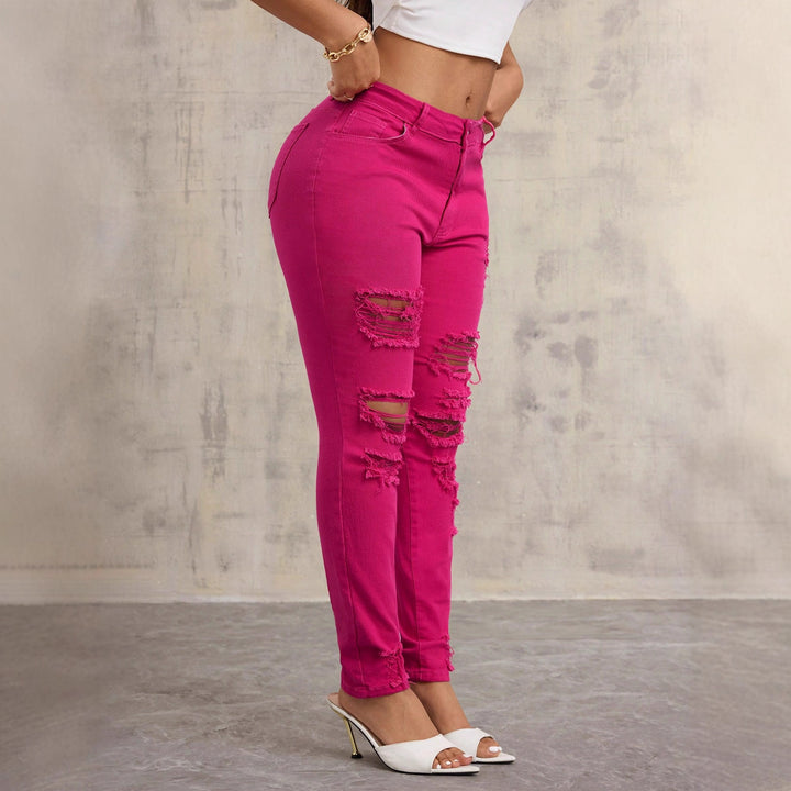Damen lässige Skinny Jeans mit Destroyed-Details und hohem Bund Drune