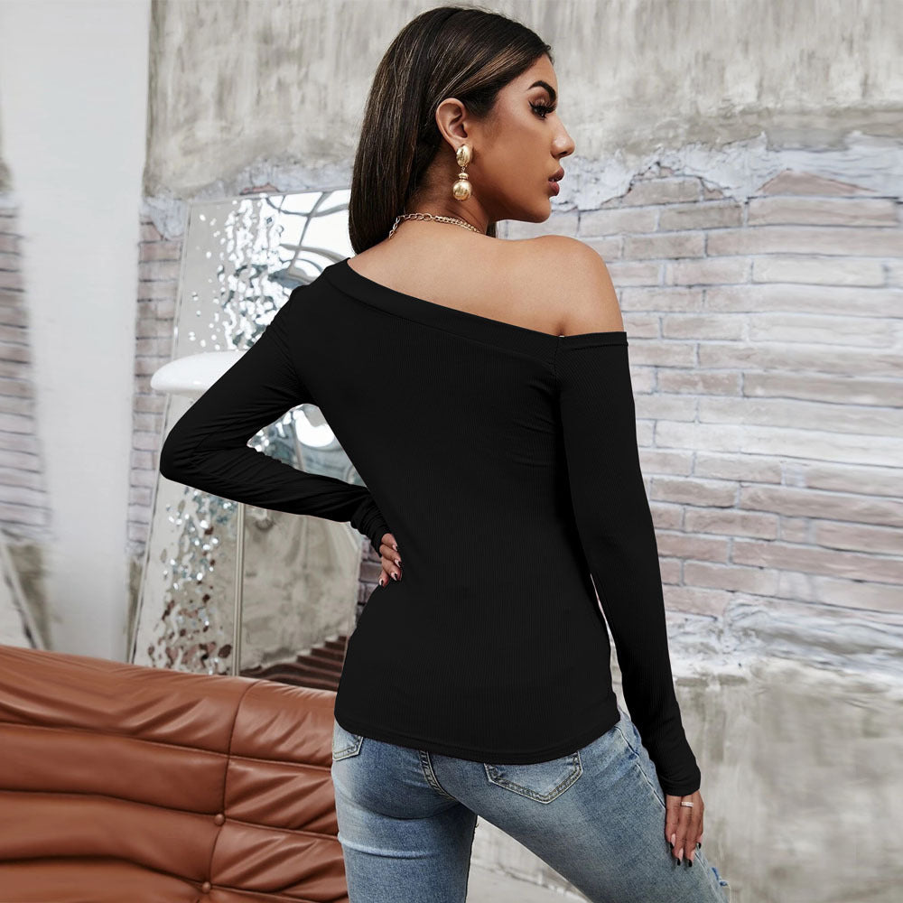 Damen asymmetrisches One-Shoulder Longsleeve-Top mit schlanker Sculpting-Passform und feiner Rippstruktur Drune