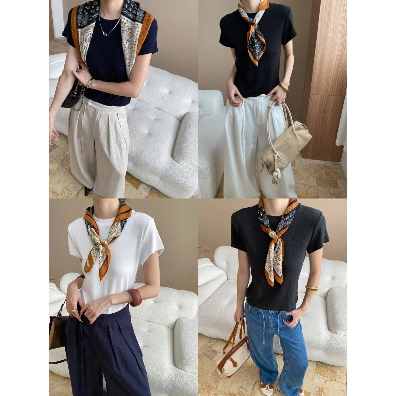 Damen elegantes Kurzarmoberteil mit schickem V-Ausschnitt und trendigem Schal Drune