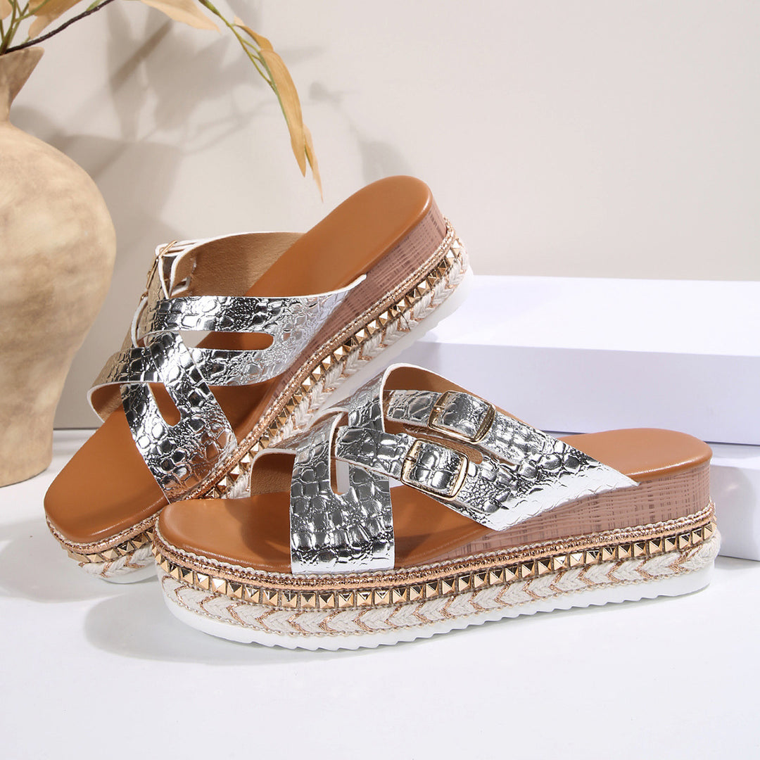 Damen Wedge-Pantoletten mit elegantem Kroko-Design und verstellbaren Riemen Drune