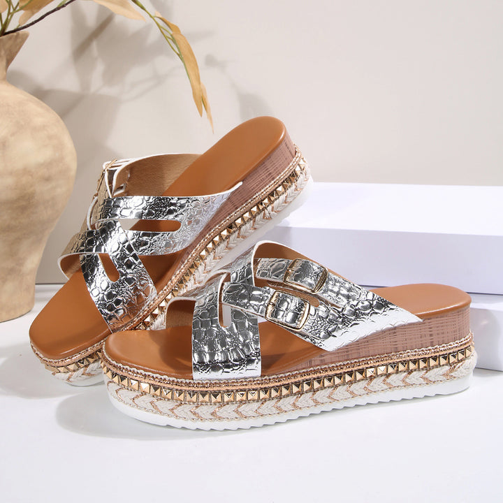 Damen Wedge-Pantoletten mit elegantem Kroko-Design und verstellbaren Riemen Drune
