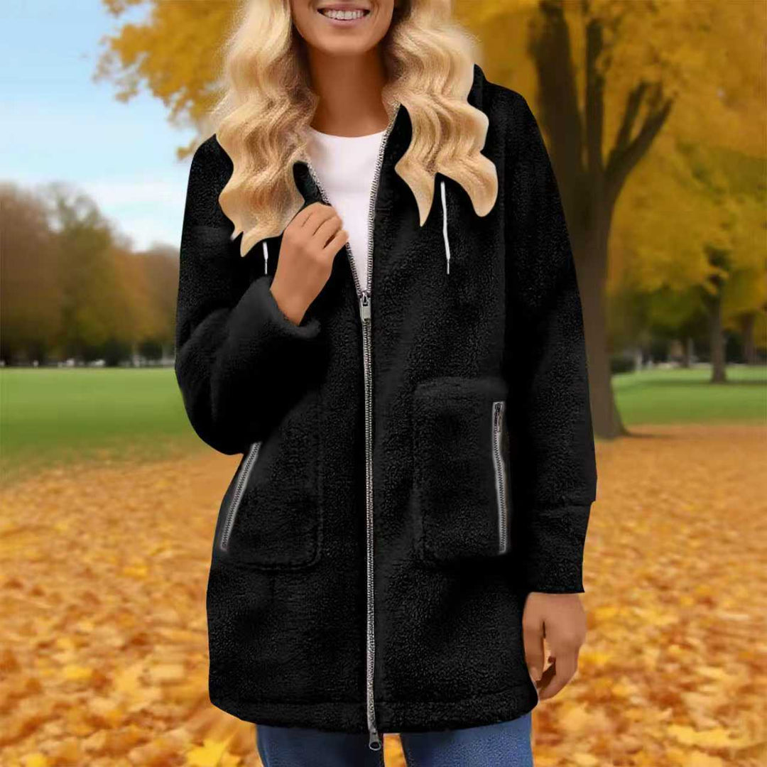 Damen Teddy-Fleece-Mantel mit Kapuze, durchgehendem Reißverschluss und aufgesetzten Taschen Drune
