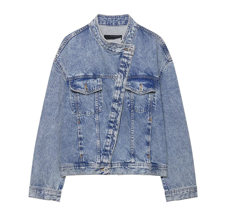Damen Designer Denimjacke mit asymmetrischem Schnitt und praktischen Taschen Drune