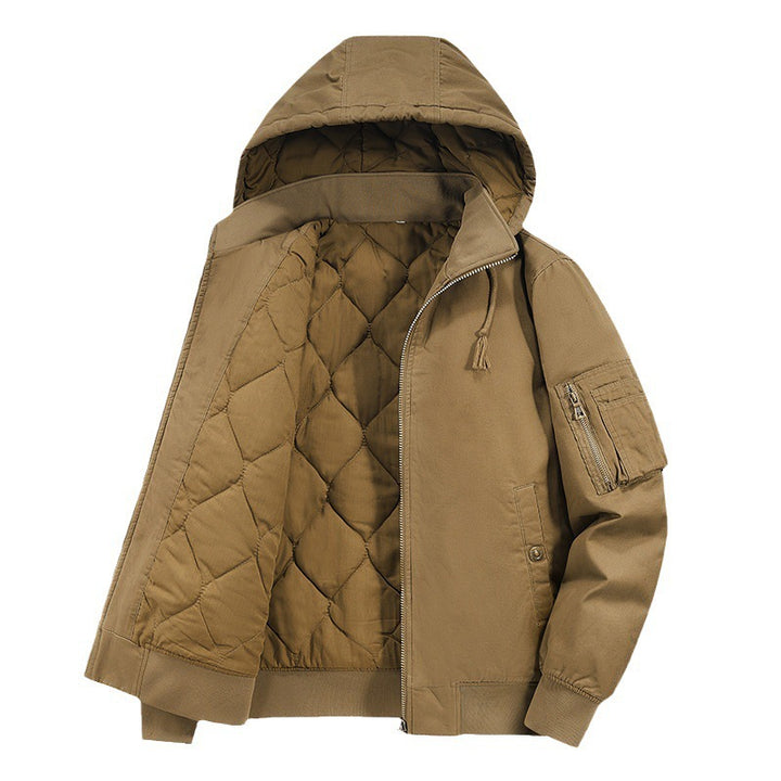 Herren Gefütterte Bomberjacke mit Kapuze und Thermoisolierung, Ärmel‑Utilitytasche Drune
