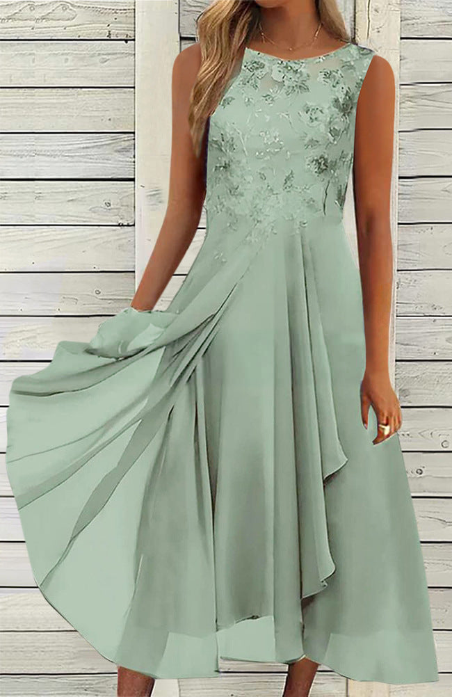Damen nan ärmelloses Chiffon-Midikleid mit bestickter Brustpartie und asymmetrischem Lagenrock Drune