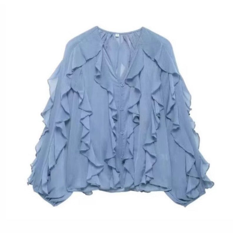 Damen nan feminine Chiffon-Volantbluse mit Ballonärmeln und V-Ausschnitt Drune