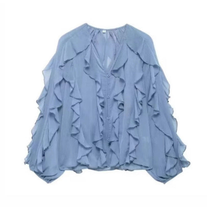 Damen nan feminine Chiffon-Volantbluse mit Ballonärmeln und V-Ausschnitt Drune