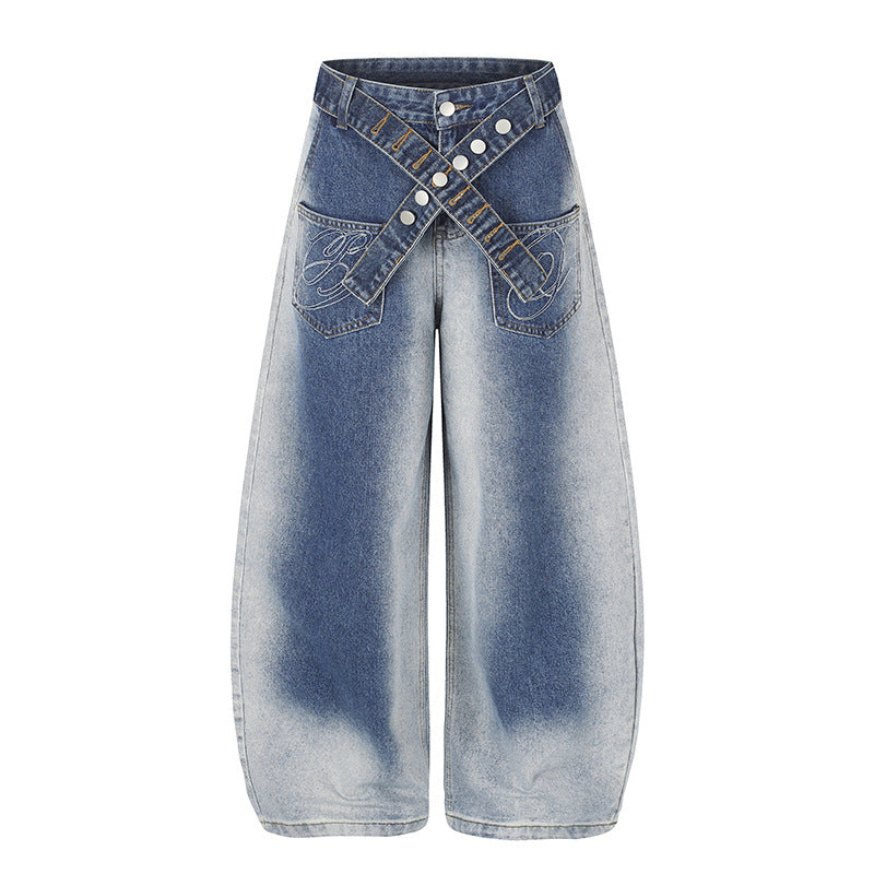 Damen Extraweite High‑Waist Palazzo-Jeans mit gekreuztem Zierbund und bestickten Taschen Drune