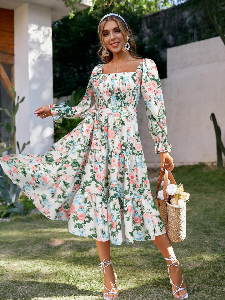 Damen Off-Shoulder Maxikleid mit floralem Print und Rüschendetails Drune