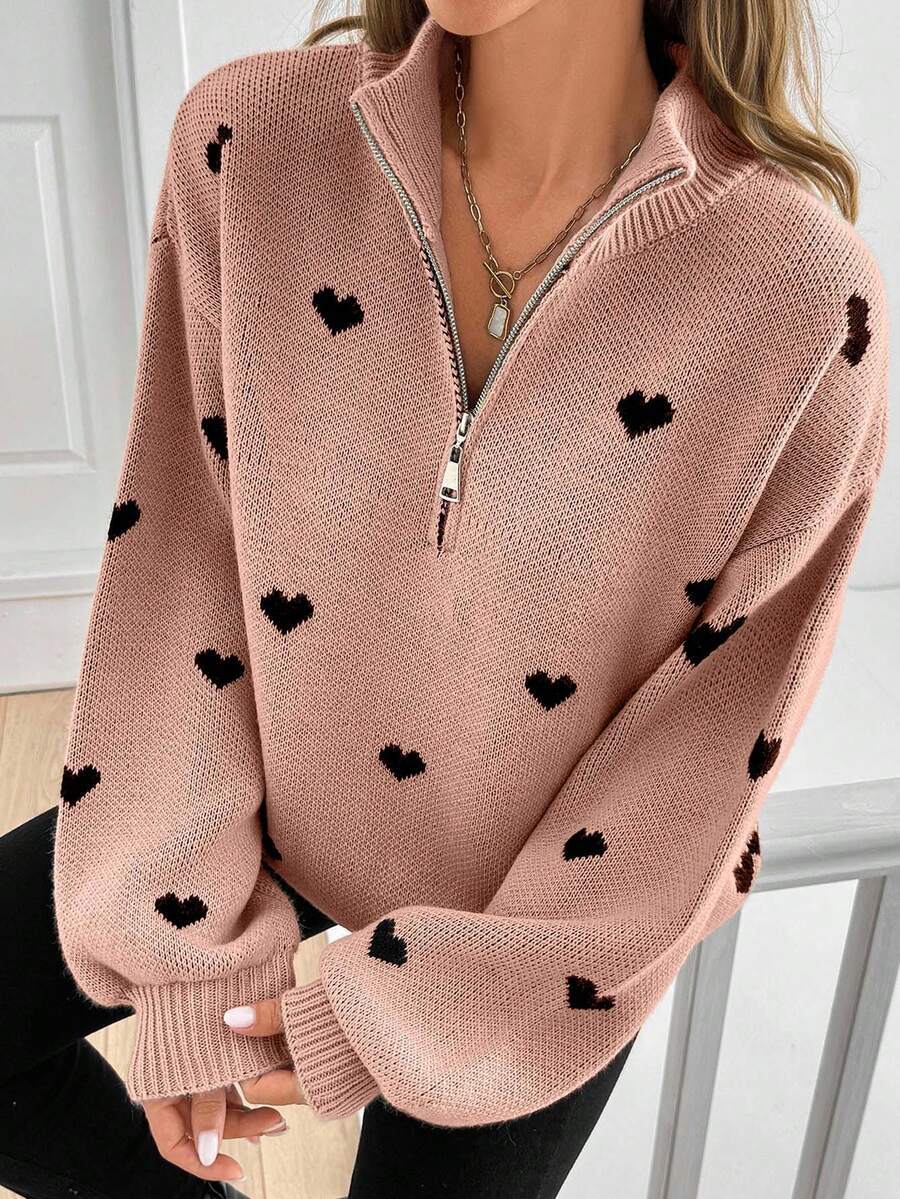 Damen Oversize Strickpullover mit Half-Zip und Herzmotiv Drune