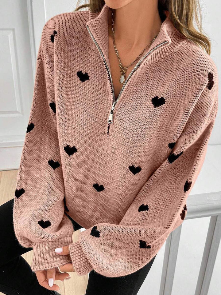 Damen Oversize Strickpullover mit Half-Zip und Herzmotiv Drune