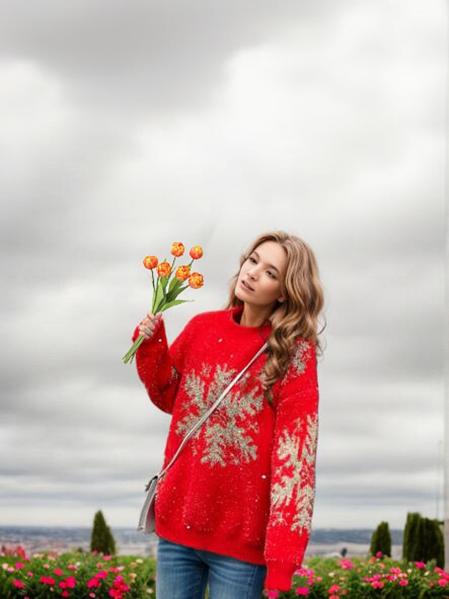 Damen Großer Strickpullover mit festlichem Schneemuster Drune