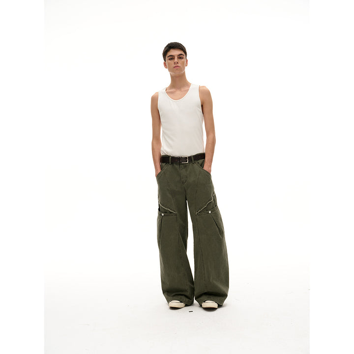 Damen Weite High‑Waist Cargo‑Hose im Vintage‑Workwear‑Look mit Aufgesetzten Taschen und Fransen-Details Drune