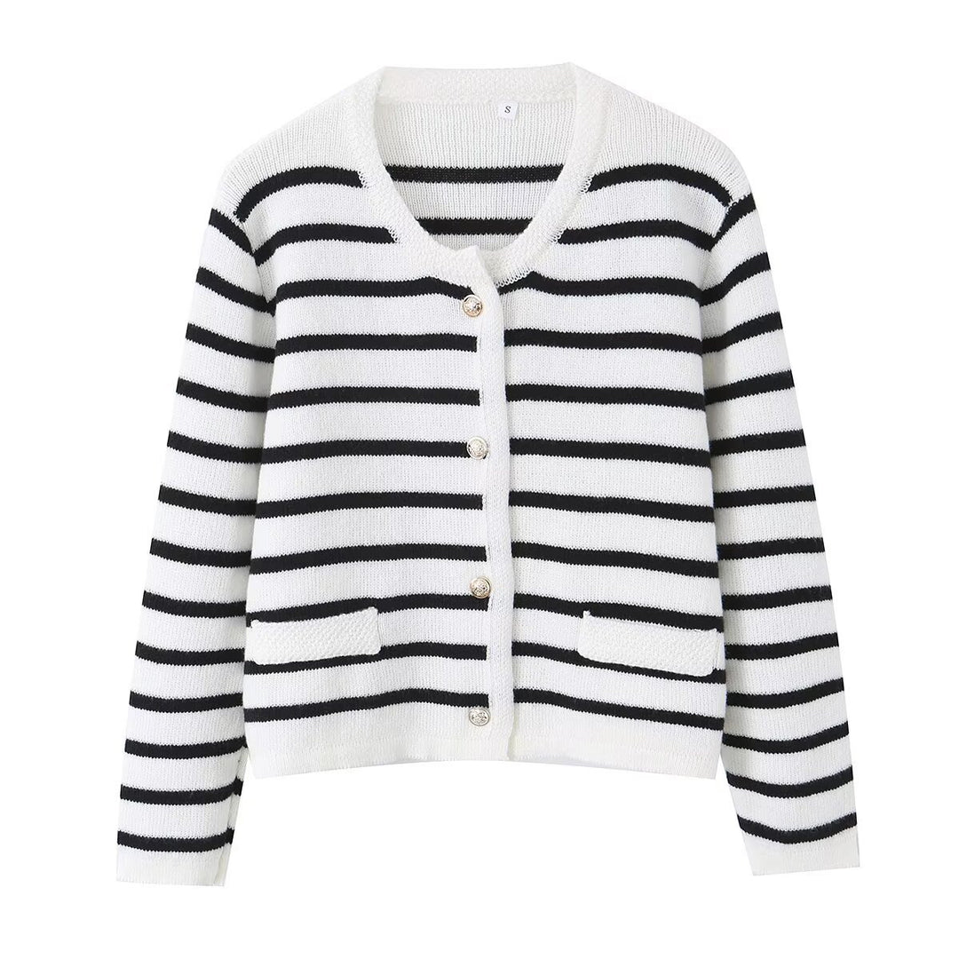 Damen Gestreifte Feinstrick‑Cardigan mit Rundhalsausschnitt, aufgesetzten Taschen und Zierknöpfen Drune