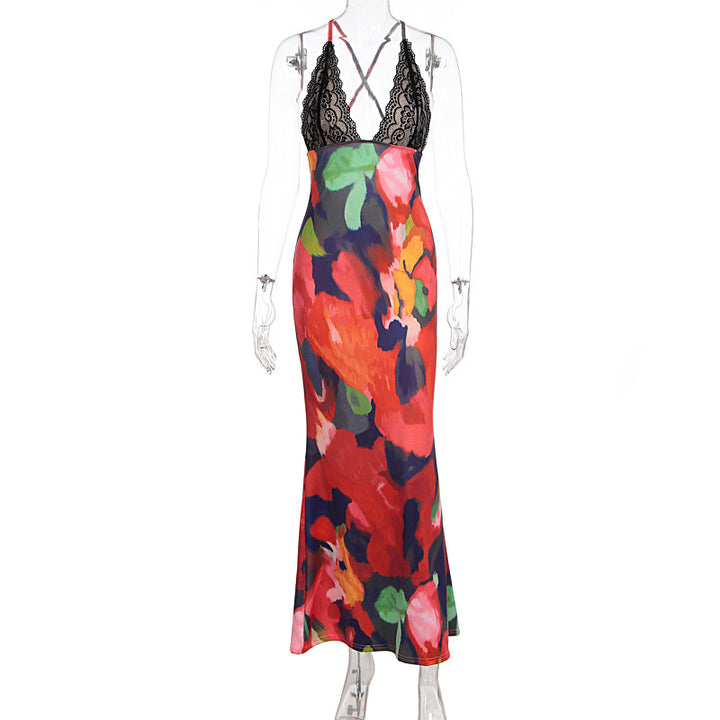 Damen figurbetontes Maxikleid mit floralem Muster und Spitze Drune