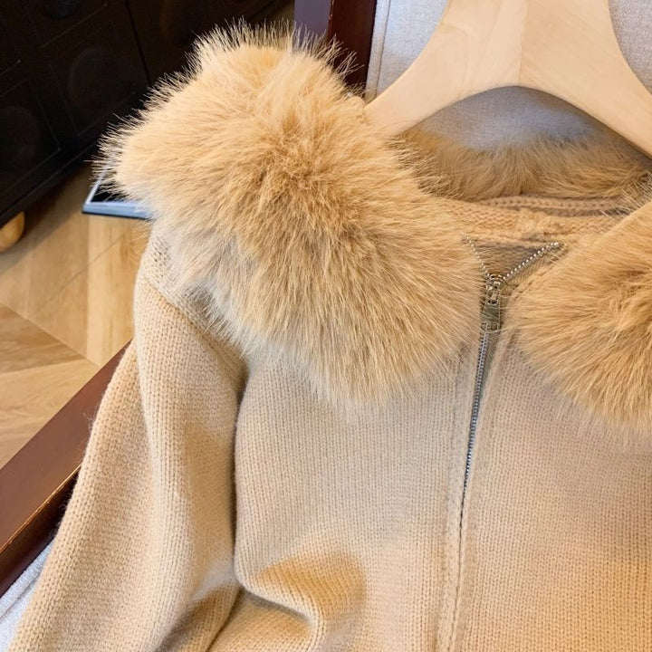 Damen Strickjacke mit abnehmbarem Kunstfellkragen Drune