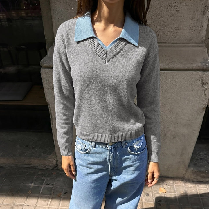 Damen Eleganter V-Ausschnitt Pullover mit Hemdkragen Drune