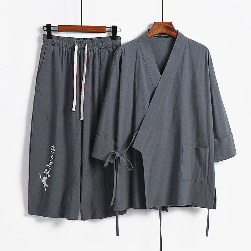 Unisex Leichtes Kimono-Loungewear-Set aus Baumwoll-Leinen mit bestickter Haremshose und Bindegürtel Drune
