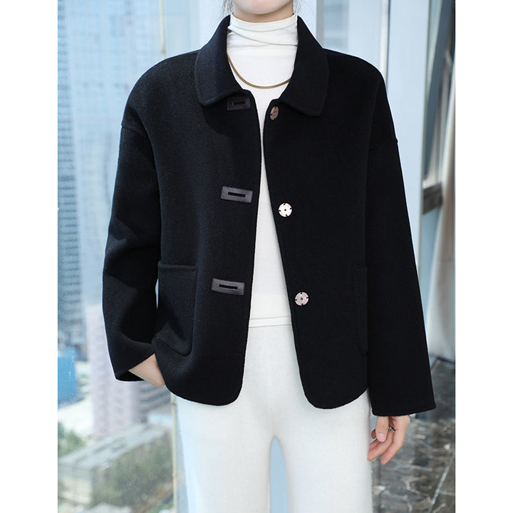 Damen Kurzmantel aus Wollmix mit Hemdkragen, kastiger Silhouette und Eingrifftaschen Drune