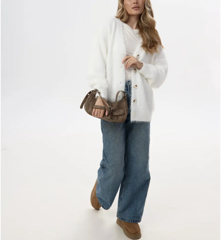 Damen Flauschiger Mohair‑Optik Knopfcardigan mit überschnittener Schulter und Perlmuttknöpfen Drune