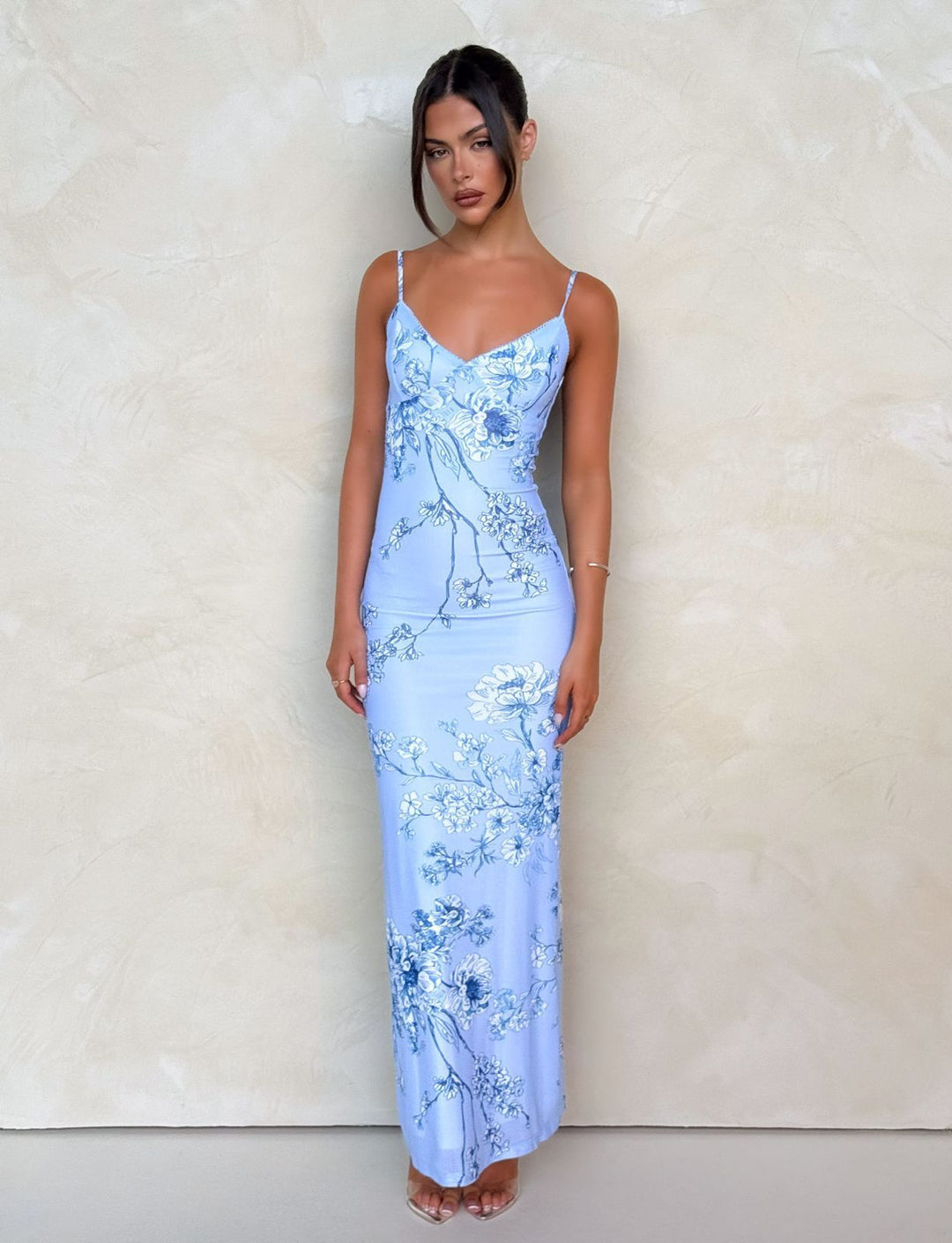 Damen nan figurbetontes Slip-Maxikleid mit Spaghettiträgern, Miedernaht und floral-barockem Digitaldruck Drune