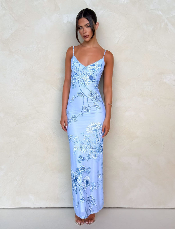 Damen nan figurbetontes Slip-Maxikleid mit Spaghettiträgern, Miedernaht und floral-barockem Digitaldruck Drune