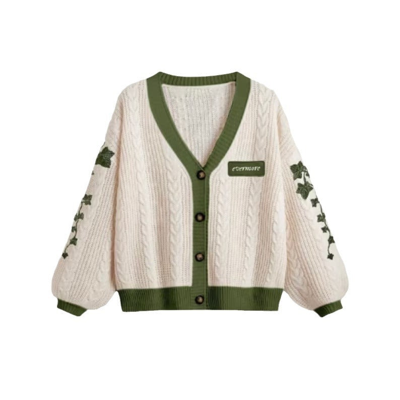 Damen nan gestrickter Oversize-Cardigan mit Zopfmuster, V-Ausschnitt, Knopfleiste und floraler Ärmelstickerei Drune