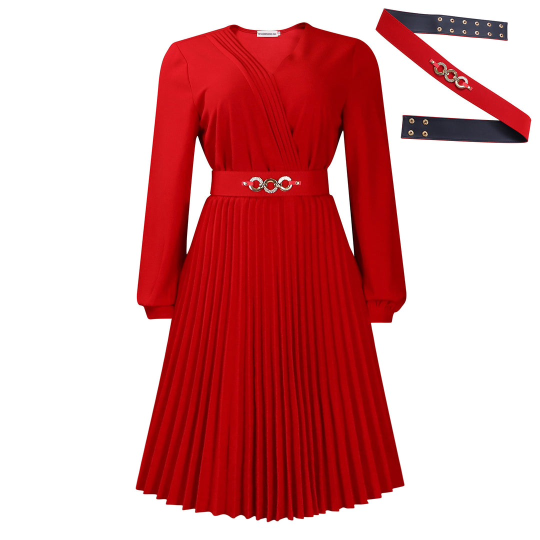 Damen Plissee Kleid mit festlichem Taillengürtel und elegantem V-Ausschnitt Drune