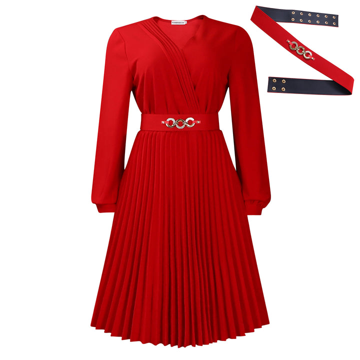 Damen Plissee Kleid mit festlichem Taillengürtel und elegantem V-Ausschnitt Drune